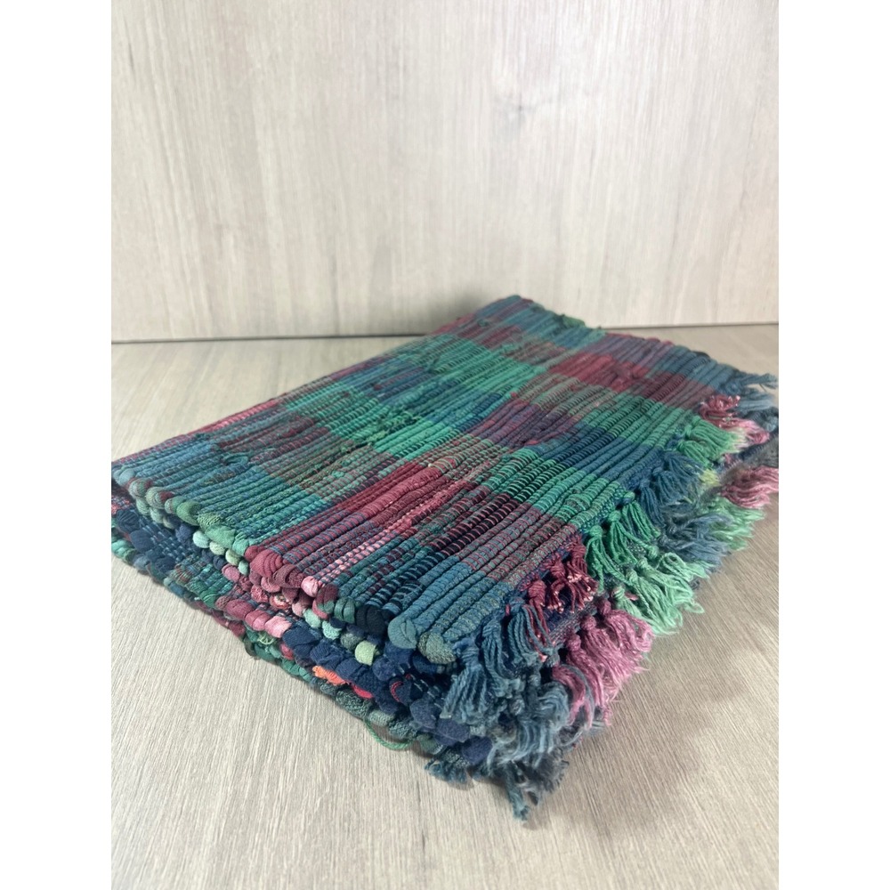 Vintage Hand Woven Rag Rug Placemats Set of 3 Multi Color Plaid Boho Farmhouse